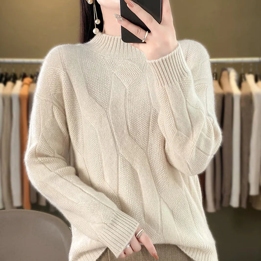 Women's Soft Wool Sweater Half-high Collar Twisted Thickened Pullover Autumn Winter Casual Basis Top Cashmere Female Knitwear