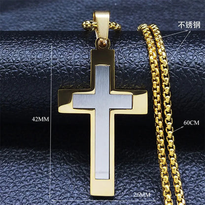 HNSP Stainless Steel Cross Pendant Chain Necklace For Men Christ Jesus Jewelry Catholic Crucifixes Rosaries Accessories