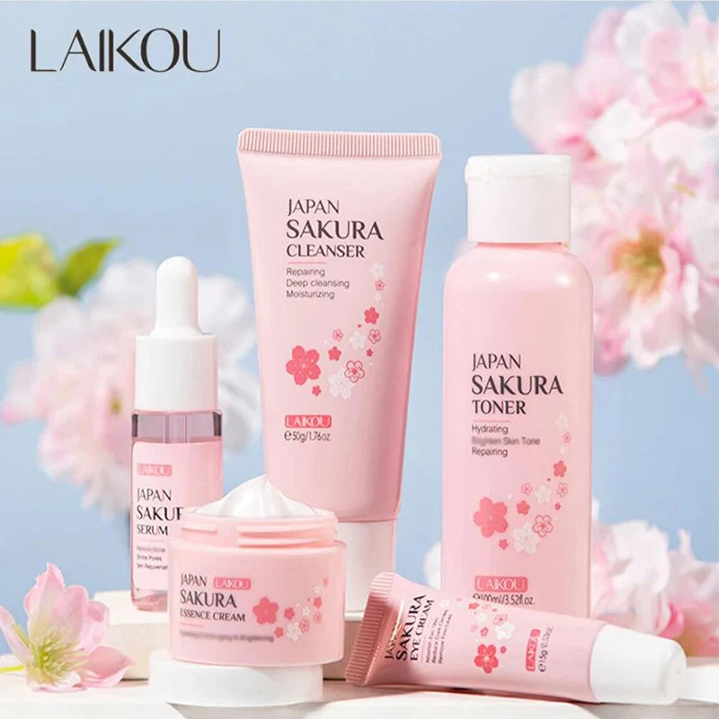 Face Skin Care Set Cleanser Sakura Essence Cream Moisturizing Toner Eye Cream Face Serum Improve Roughness & Dryness Skin Care