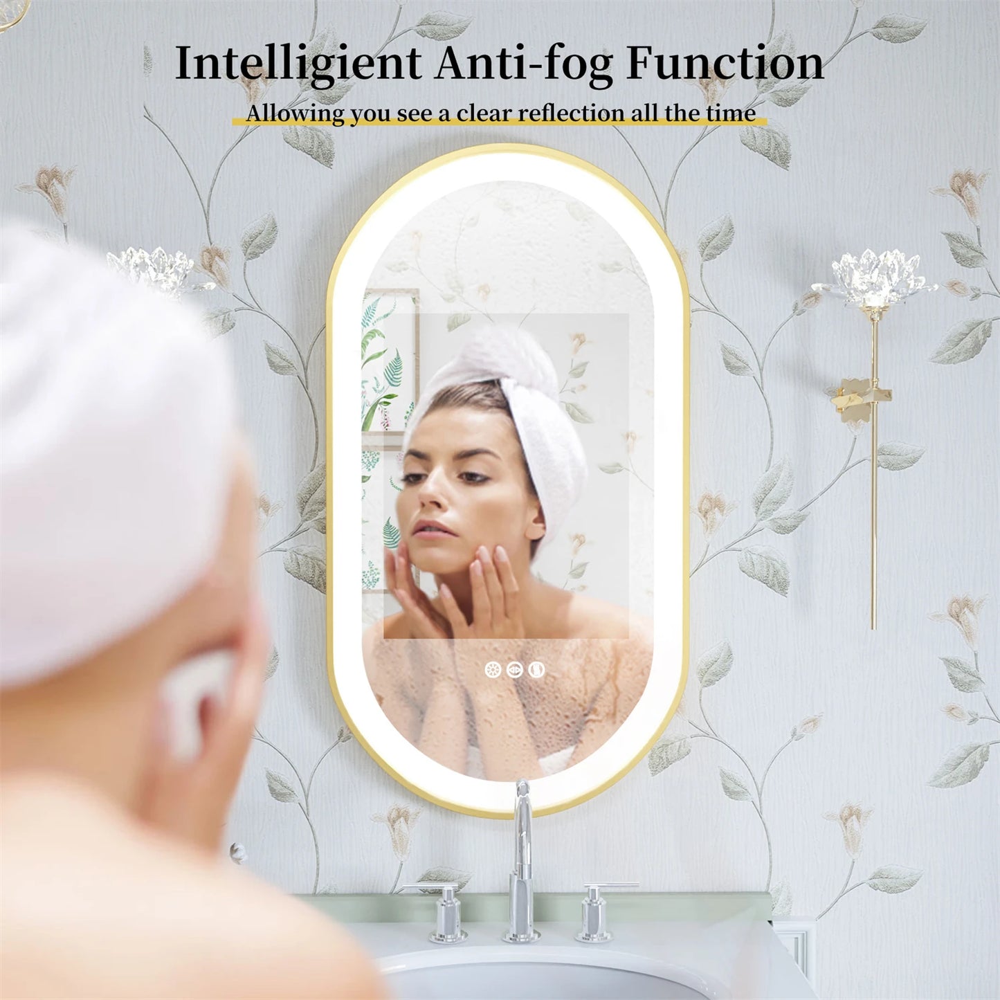 Gold Frame Oval Bathroom Mirror LED Lighted Anti-Fog Smart Vanity Mirror Anti-fog Dimmable Illuminated Innovative Makeup Mirror