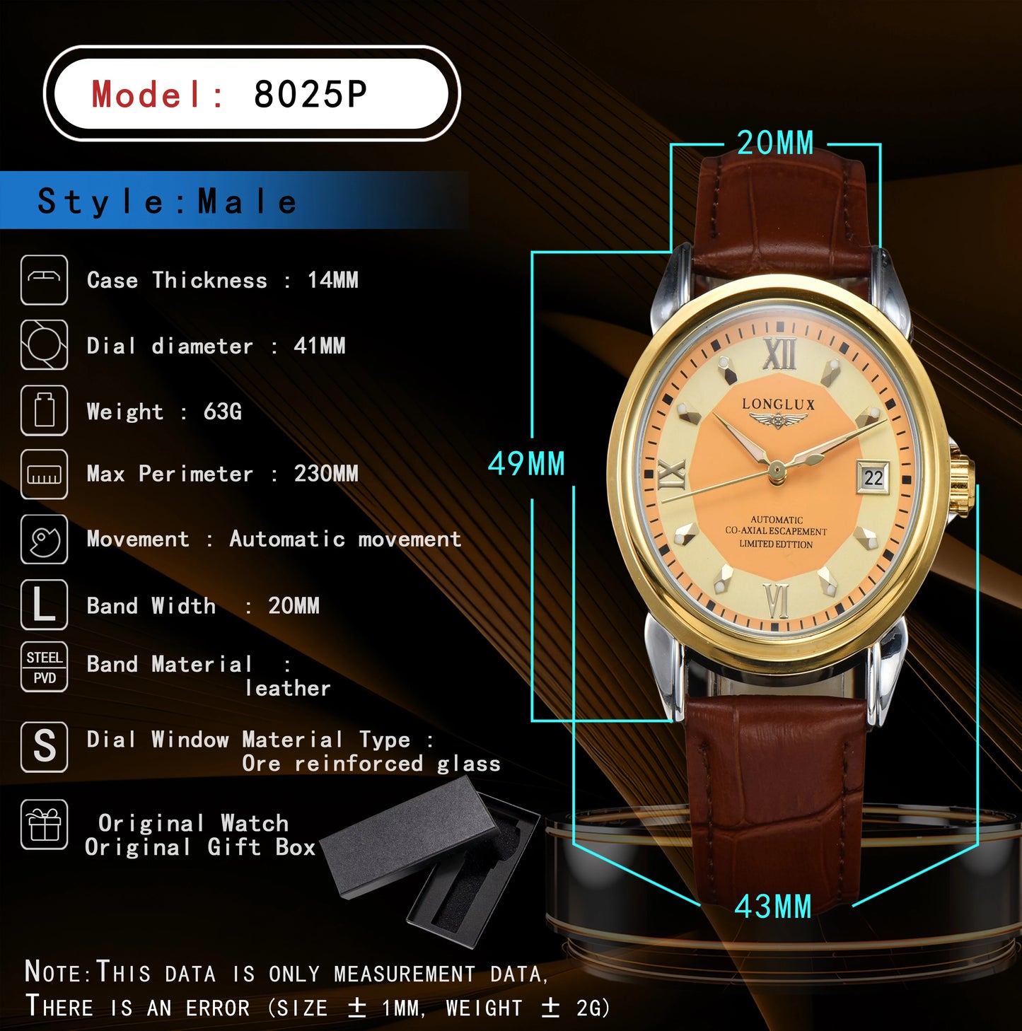 LONGLUX automatic watch business leisure dating mechanical wristwatches waterproof leather date mens watch men gift