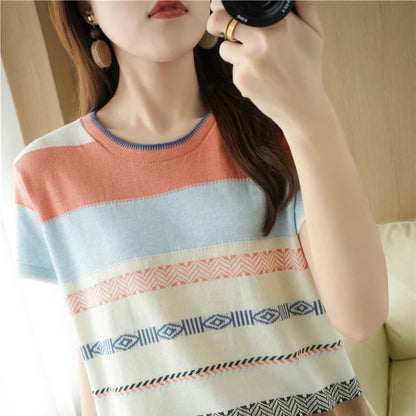 100% Cotton Short-sleeved Tees Summer Ladies O-neck Color-blocking Pullover Vest Stitching Contrast Color Base Knitted T-shirt