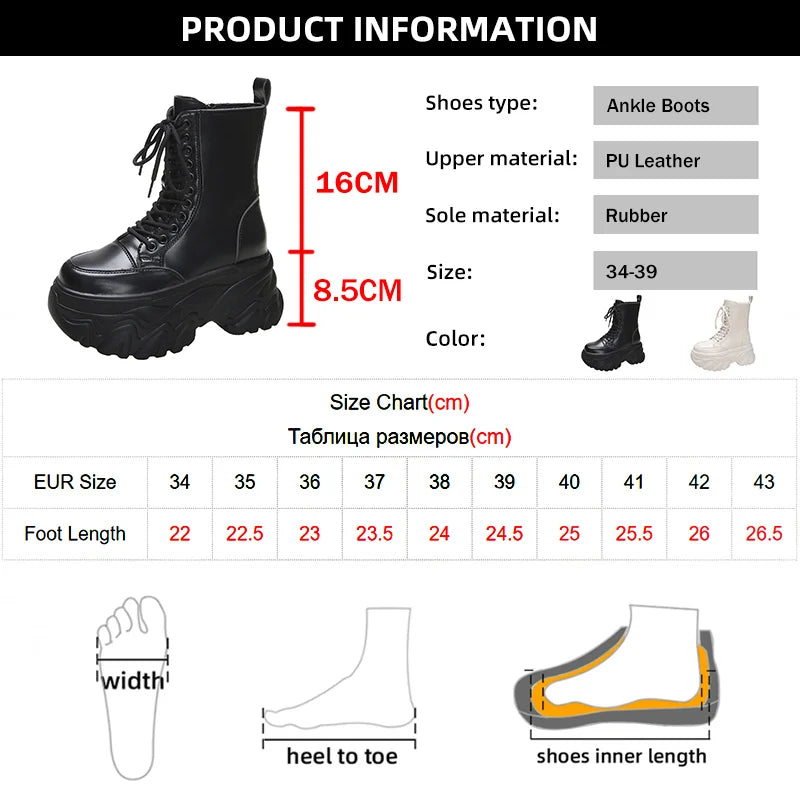 Punk Super High Platform Boots Women Chunky Heels Lace Up Motorcycle Boots Woman Black White Thick Bottom Ankle Booties Female