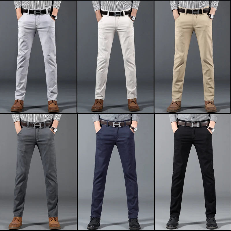 New 6 Colors Pants Men Business Casual Trousers Personality Brand Clothing Mens Long Straight 98%Cotton Male Regular Full Length