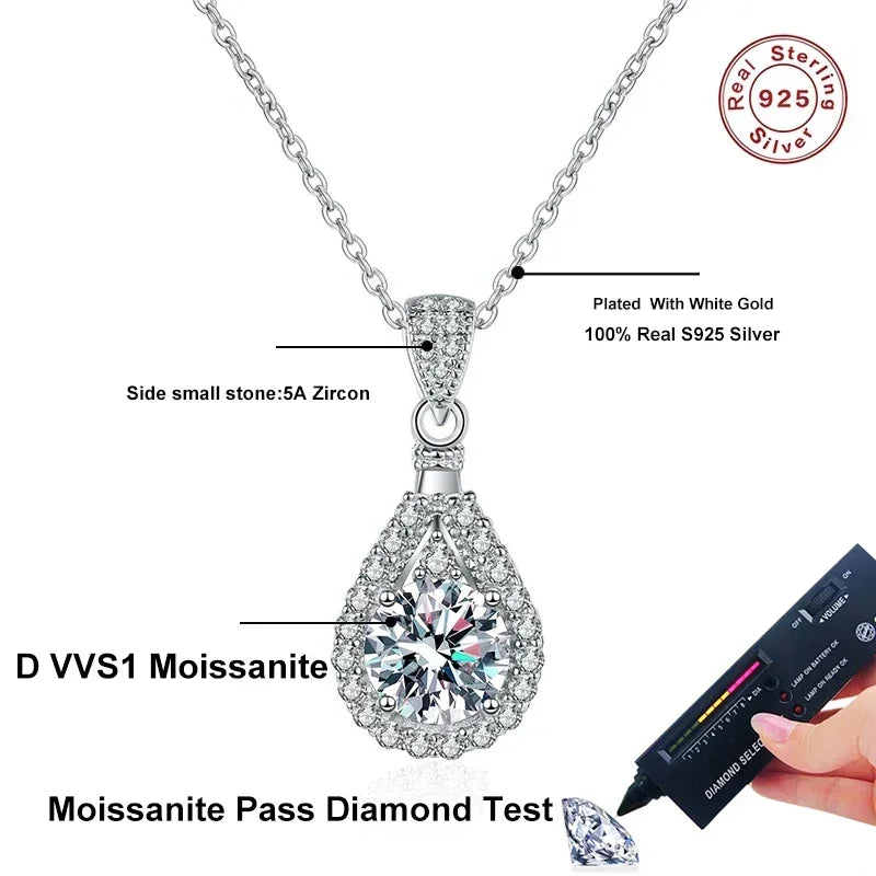 NeeTim 1CT 2CT 5CT Moissanite Pendant For Women 925 Sterling Silver Lab Diamond Plated with White Gold Necklace Wedding Jewelry