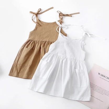 Little Dress For Little Girl Kids Sleeveless Cotton Skinny Suspender Beach Skirt With Pocket Solid Slip Dresses Outfits Clothing