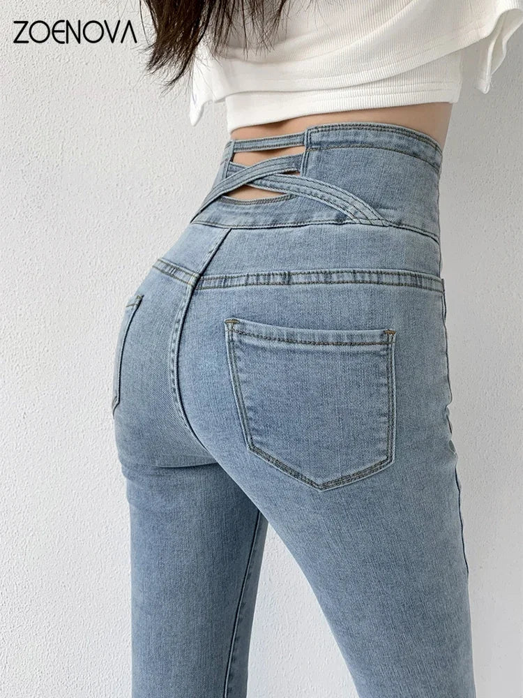 ZOENOVA Skinny Pencil Jeans Four Buttons Vintage High Waist Women Slim Stretch Denim Pants Tight Trousers Women's Pants