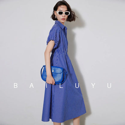 LOUIS YAO Women Shirt Style 100% Cotton Dress Summer Striped Casual Dress French Style A-line Short Sleeve Long Dress