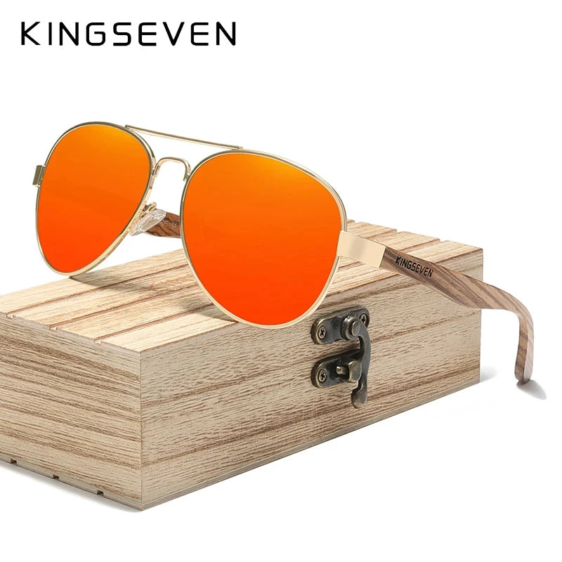 KINGSEVEN Men's Polarized Sunglasses High Quality Natural Zebra Wood Alloy Frame Women UV400 Glasses HD Lens Pilot Eyewear