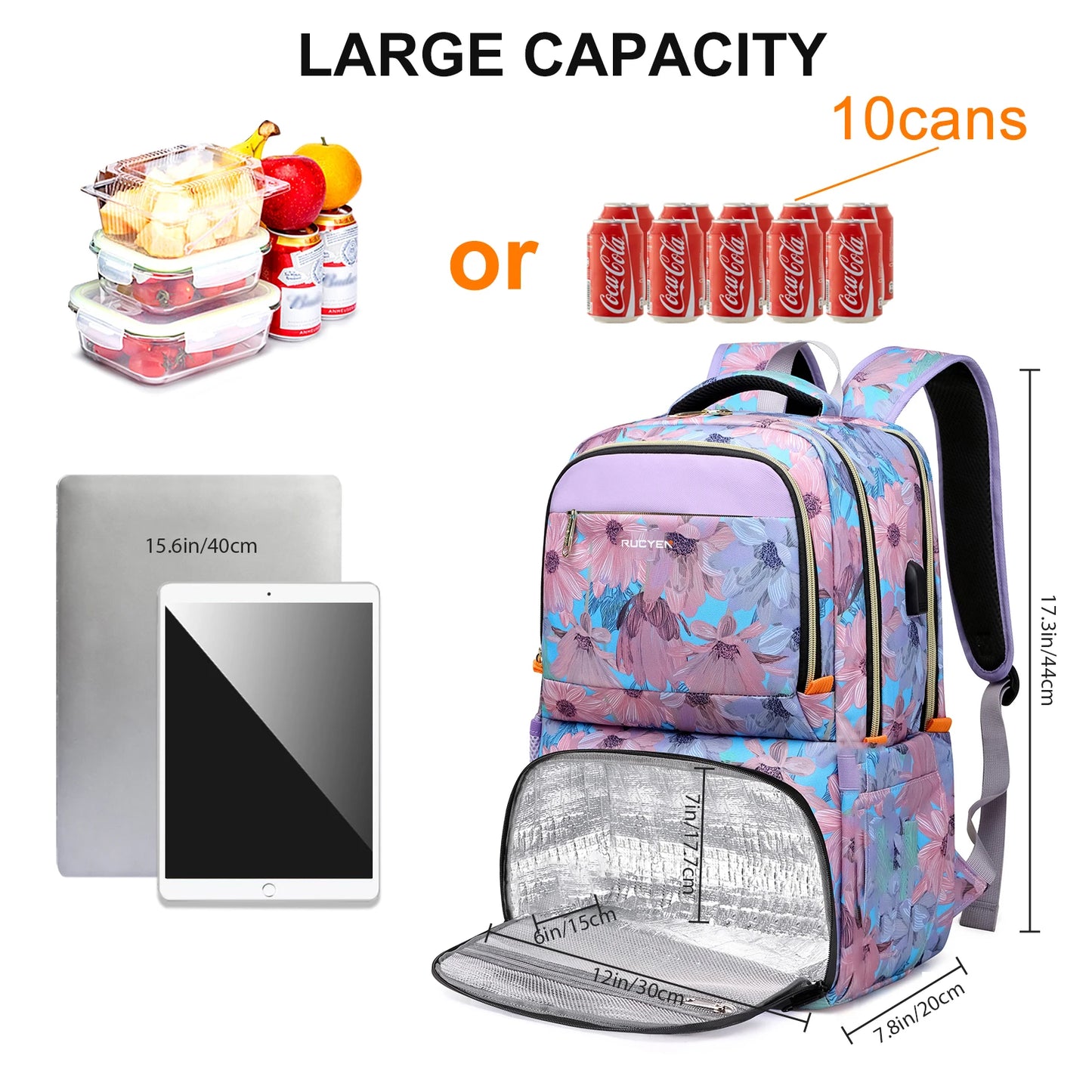 Lunch Backpack Insulated Cooler Picnic Bag Women's Camping Backpack Lunch Box with USB Port 15.6 Inch Laptop Waterproof Backpack