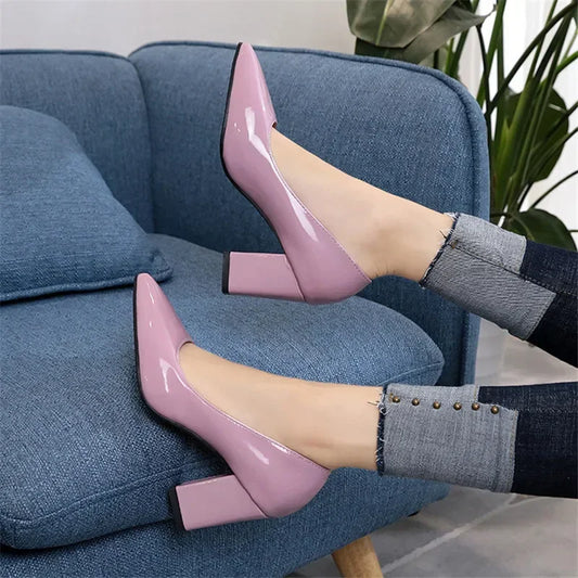 New Women Pumps Black High Heels Lady Patent Leather Shallow Thick with Autumn Pointed Single Shoes Slip-On Female Shoes