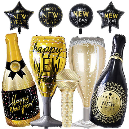 New Year Theme Party Decor Wine Bottle Wine Glass Whiskey Microphone Star Balloon Happy New Year Party Scene Decoration Supplies