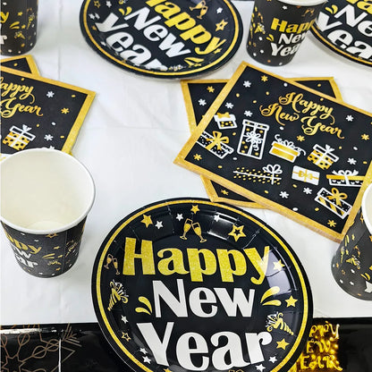 New Year Theme Disposable Tableware Paper Plates Cups Napkins Happy New Year 2025 Black Golden Party Decoration Supplies