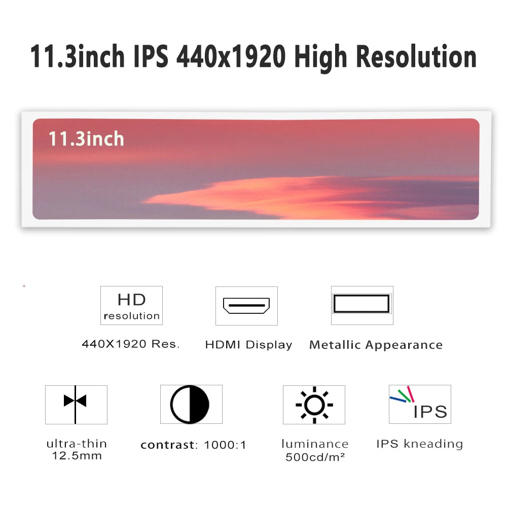 LESOWN 11.3 8.8 7.9 inch Long Bar Monitor IPS 1920x480 White USB HDMI-Compatible mini Strip LCD Screen Display with Support