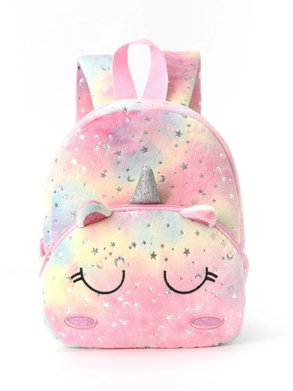 1pc Plush Printed Cartoon Unicorn Children'S Backpack, Suitable For Girls, Students, Outdoor Travel, School, Holiday Gifts