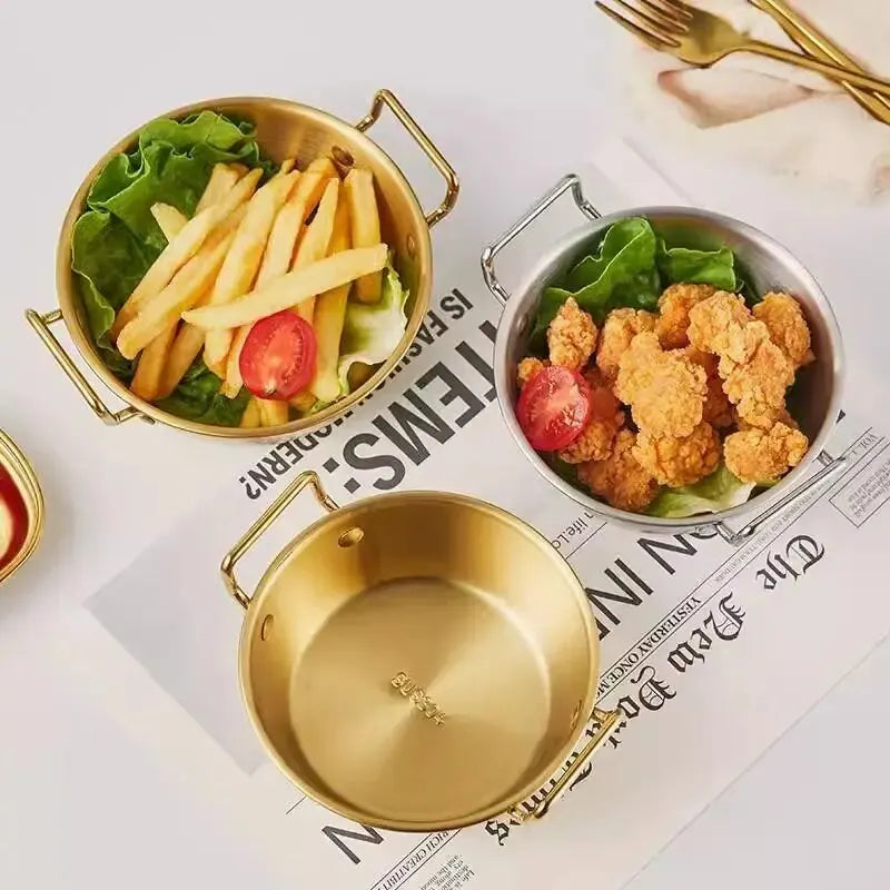 1pc 304 Stainless Steel Golden Instant Noodle Bowl Korean Rice Wine Bowl With Handle Salad Snack and French Fry Bowl