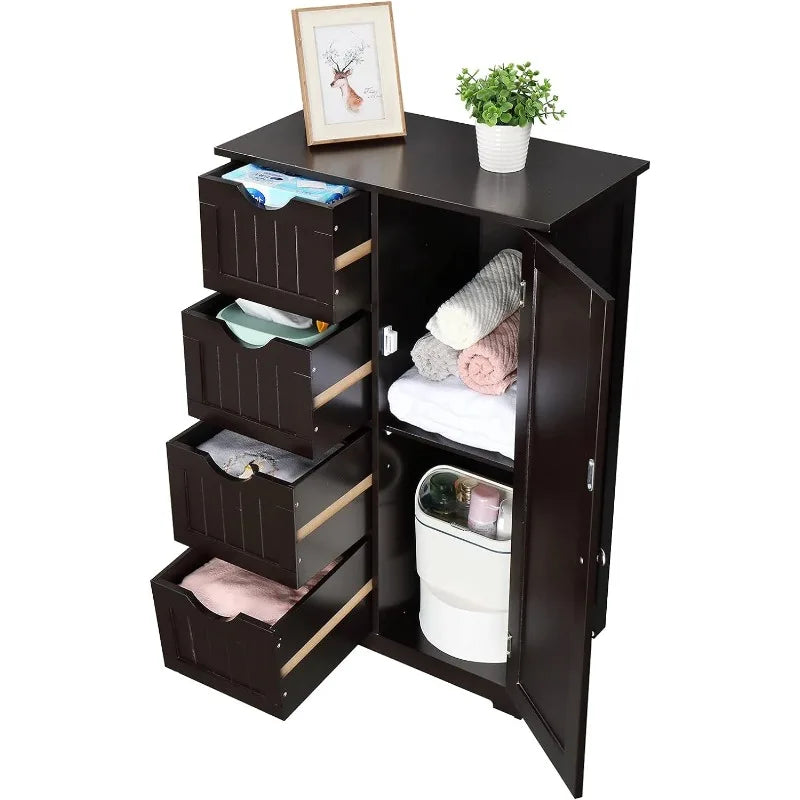 Small Storage Cabinet Wooden Bathroom Floor Cabinet Small Space Furniture White Side Storage Organizer with 4 Drawers