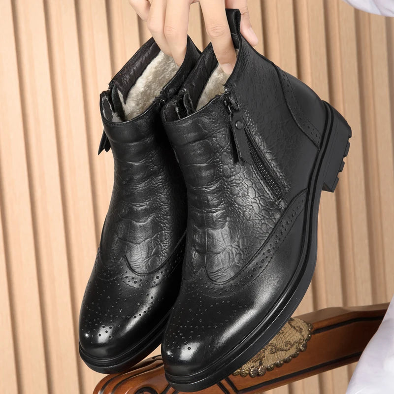 High Quality Genuine Leather Men Chelsea Boots Luxury Brand Brogue Shoes Fashion Casual Warm Plush Ankle Boots Snow Basic Boots