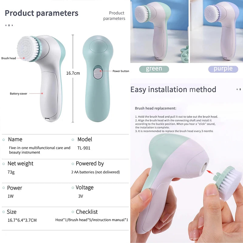 5 in 1 Facial Cleanser Pore Cleanser Face Massager Deep Electric Cleansing Brush Pore Cleaner Blackhead Remover Skin Beauty Care