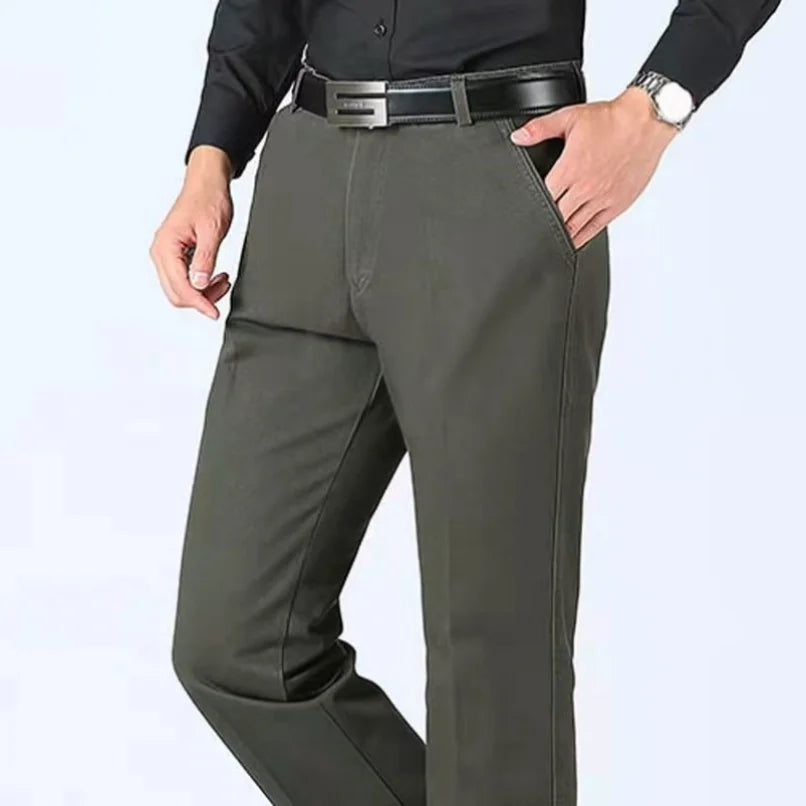 Summer Thin Autumn Thick 100% Cotton Straight Suit Pants Men's Loose Trousers Business Solid Gray Khaki Casual Brand Clothes