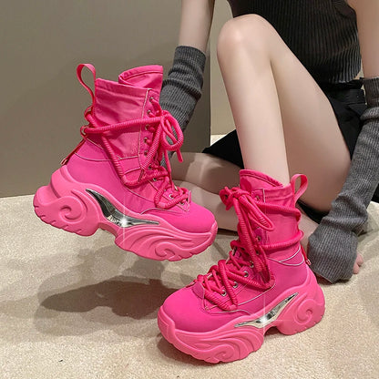 Fashion Chunky Platform Motorcycle Boots Women Hot Red Lace Up Thick Bottom Shoes Woman Autumn Winter Punk Ankle Booties Female