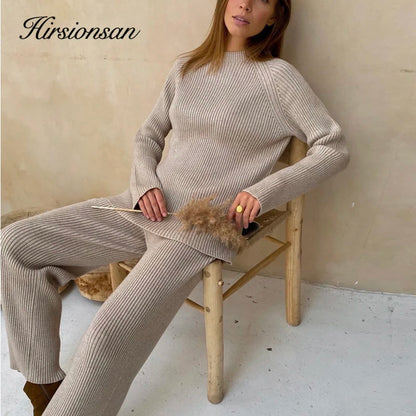 Hirsionsan Elegant Soft Knitted Sets Women Autumn Winter Warm Casual Two Pieces Sweater and Pants Outfits Solid Tracksuit Lady