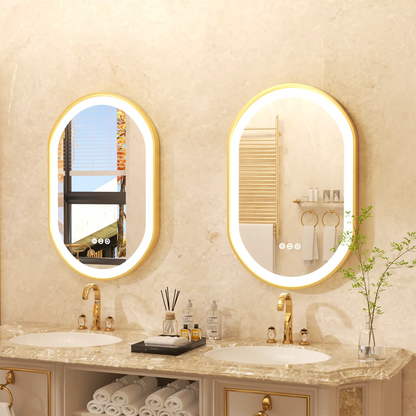 Gold Frame Oval Bathroom Mirror LED Lighted Anti-Fog Smart Vanity Mirror Anti-fog Dimmable Illuminated Innovative Makeup Mirror