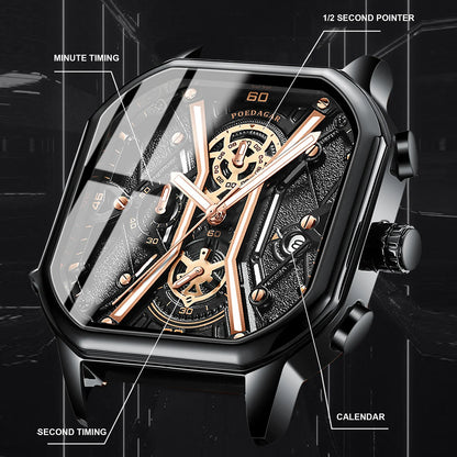 POEDAGAR Fashion Men Wristwatches Luxury Chronograph Luminous Waterproof Date Man Watch Square Dial Leather Quartz Men's Watches