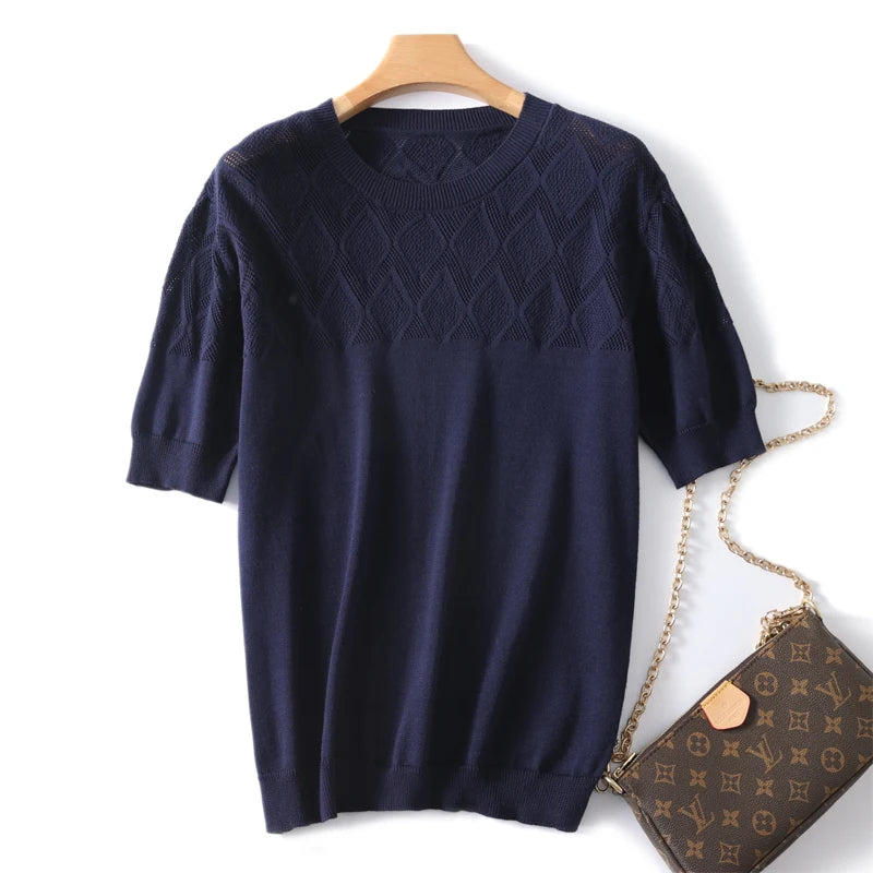 New Summer Fashion 100% Cotton Women Sweater T-shirt Short-sleeve Ladies O-Neck Pullover Casual Knitted Hollowed Out Tops