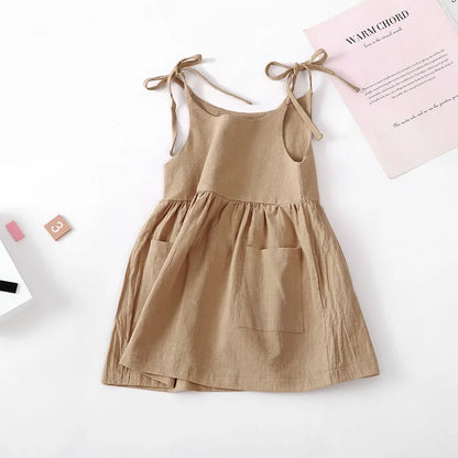 Little Dress For Little Girl Kids Sleeveless Cotton Skinny Suspender Beach Skirt With Pocket Solid Slip Dresses Outfits Clothing