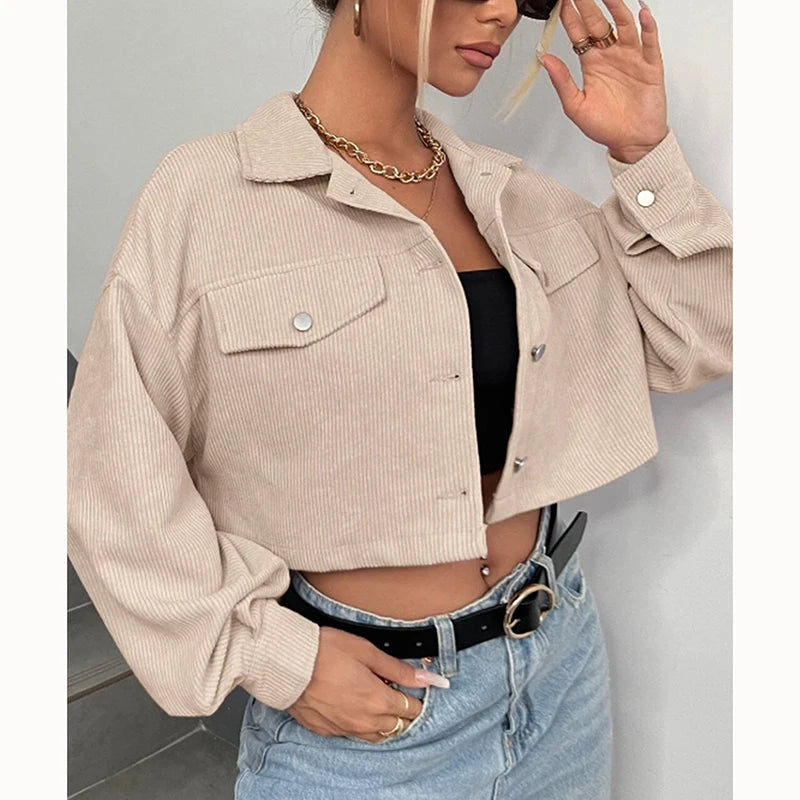 Spring Drop Shoulder Flap Detail Crop Corduroy Jacket Long Sleeve Chic Short Coats