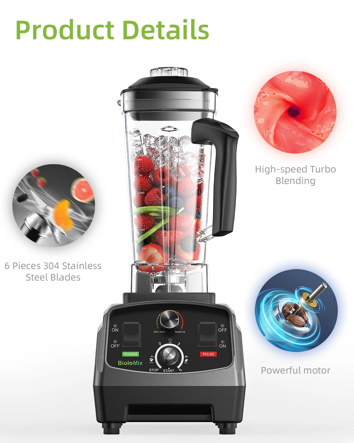 BioloMix 3HP 2200W Heavy Duty Commercial Grade Timer Blender Mixer Juicer Fruit Food Processor Ice Smoothies BPA Free 2L Jar