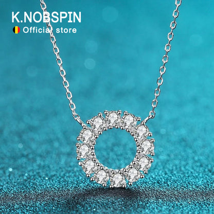 KNOBSPIN Full Moissanite Round Pendant Necklace Original 925 Sterling Sliver Chain Plated 18k White Gold Fine Necklace for Women