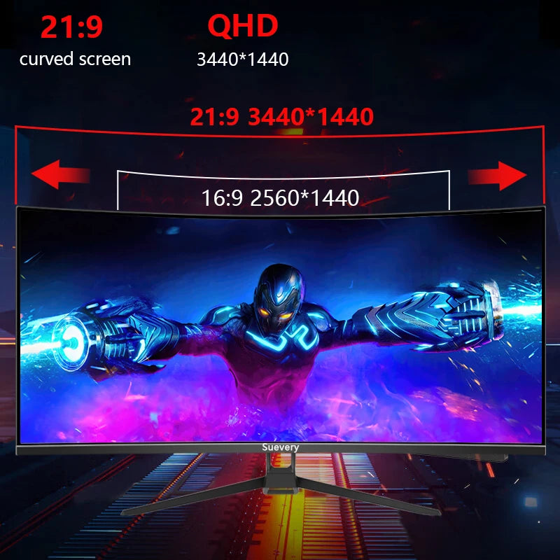 Suevery Monitor 34'' 144Hz Bandfish Screen Curved 1500R Gaming Bezel-less Slim 400HDR Nits 100% SRGB Wide Color Gamut FAsT VA Te