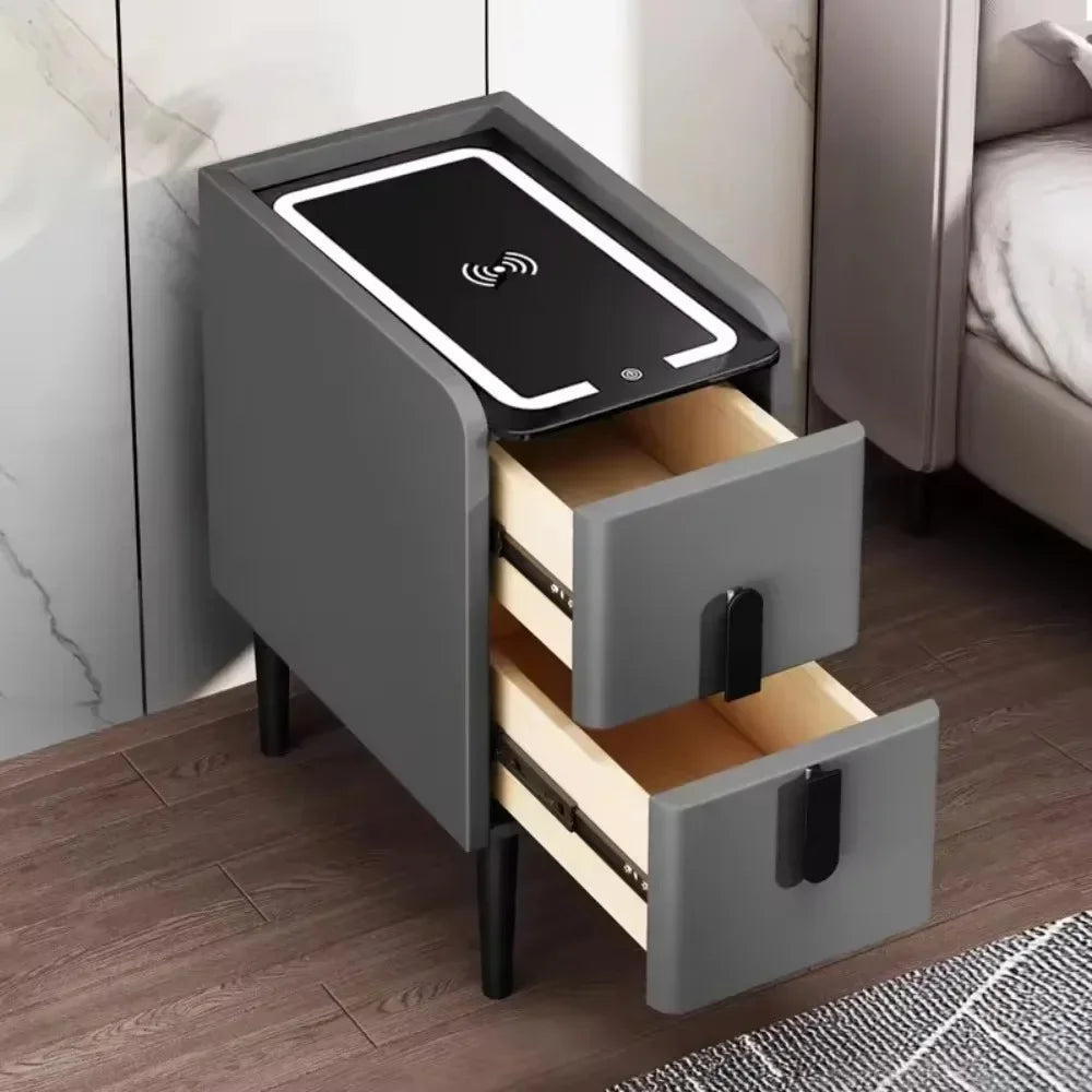 Smart Bedside Table with Wireless Charger Narrow Smart LED Nightstands Bedside Cabinet Fingerprint Lock Solid Wood Bedside Table