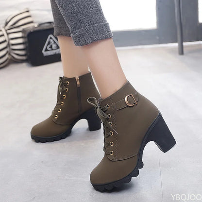 Women's Ankle Boots Autumn High Heel Belt Buckle Shoes Women Lace Up Platform Boots Women Boots 42 Botas De Mujerv