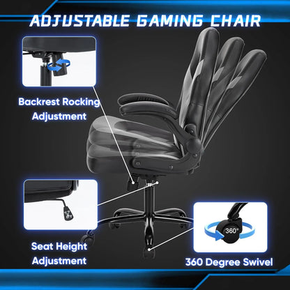 Office Desk Leather Gaming Computer Chair with Adjustable Swivel Task and Flip-up Arms, Black-Grey