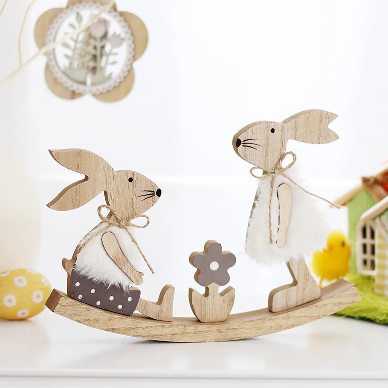 New Easter Painted Rabbit Ornaments Wooden Crafts Home Decoration Door Wall Hanging Pendant Easter Bunny Party Decor