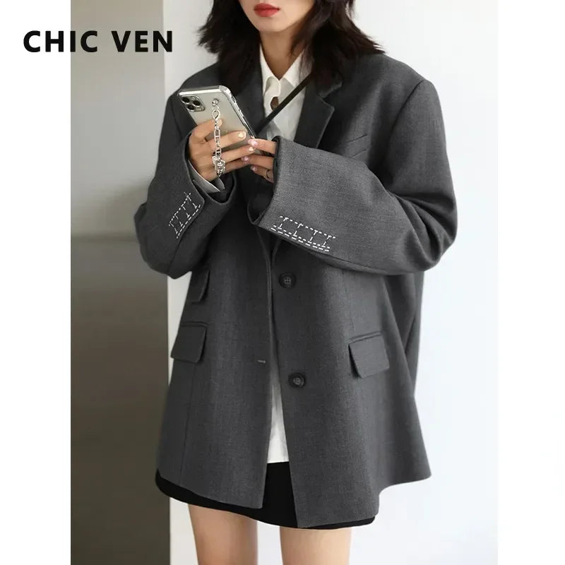 CHICVEN Women Office Lady Blazer Cuff Embroidery Wide Shoulder Twill Suit Women's Autumn Ladies Outerwear Stylish Tops