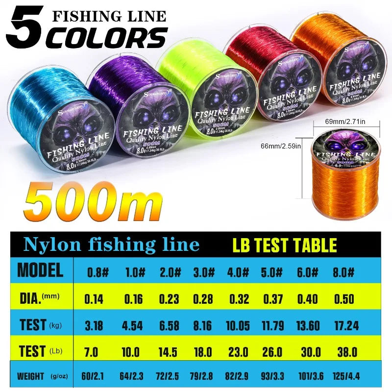 Sougayilang 500m Nylon Fishing Line Max Drag 7-38LB Super Stronger Nylon Line Japan Monofilament Saltwater Freshwater Line Pesca