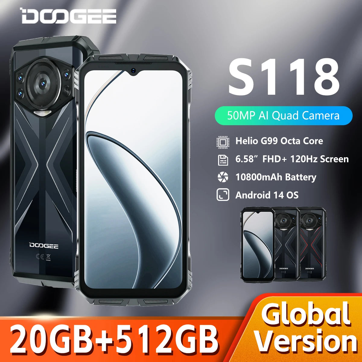 [World Premiere] DOOGEE S118 Rugged Smartphone 20GB(8+12GB Extended) 6.58" FHD+ Screen Helio G99 10800mAh 50MP AI Camera NFC