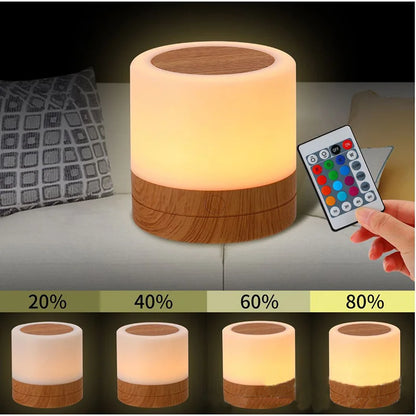 7 Colors Night Light Dimmable LED Touch Sensor Wooden Bedside Table Lamp with Touch Adjustable Brightness Remote Control