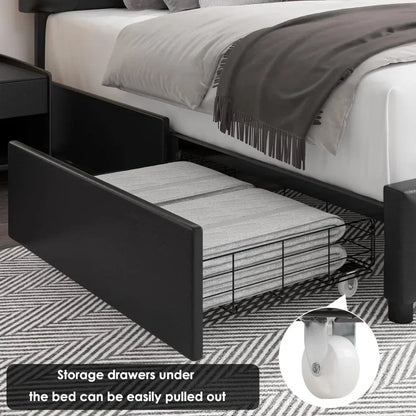 Queen Size Bed, with 4 Storage Drawers, Faux Leather Platform Bed, Solid Wood Slat Support, Modern Upholstered Bed