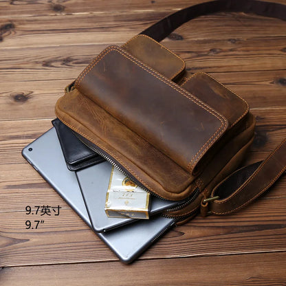 NZPJ Retro Leather Men's Messenger Bag Casual Top Layer Cowhide Bag Shoulder Bag Horizontal Backpack Suitable For 9 Inch Ipad