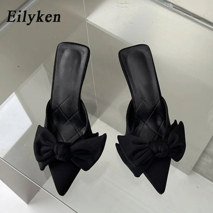 Eilyken Autumn Big Butterfly-knot Women Slippers Sandals Shallow Pointed Toe Mules High Heel Pumps Ladies Shoes