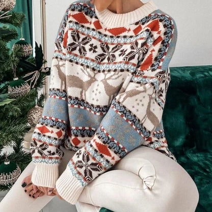 2024 Winter Christmas Sweaters for Women Jacquard Print Warm Soft Knitwear Full Sleeve Casual Loose Jumpers Xmas Look Pull Femme