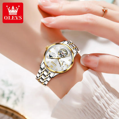 OLEVS Automated Mechanical Women's Watch Skeleton Hollow Moon Phase Date Display Elegant Luxury Watch for Ladies Original