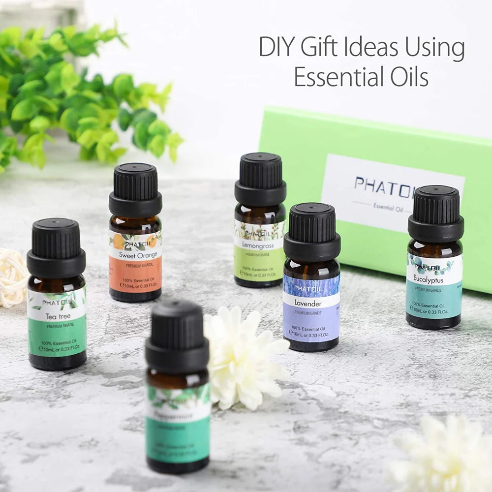 PHATOIL 6pcs Essential Oils Set 10ml Gift Box for Diffuser Skin Care Lavender Eucalyptus Peppermint Tea Tree Orange Lemongrass