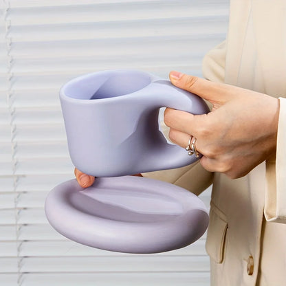 1set 400ml Ceramic Coffee Chubby Mug Saucer Set Creative Cute Fat Handle Cup With Saucer For Office And Home Room Decor