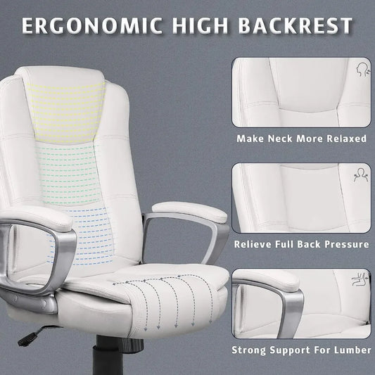 Office Desk Chair, High Back Computer Chair, Ergonomic Adjustable Height PU Leather Chairs with Cushions Armrest (White)